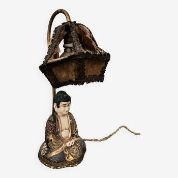 Lampe Satsuma 1900 Japon décor de Buddha abat-jour en tissu