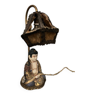 Lampe Satsuma 1900 Japon décor de Buddha abat-jour en tissu