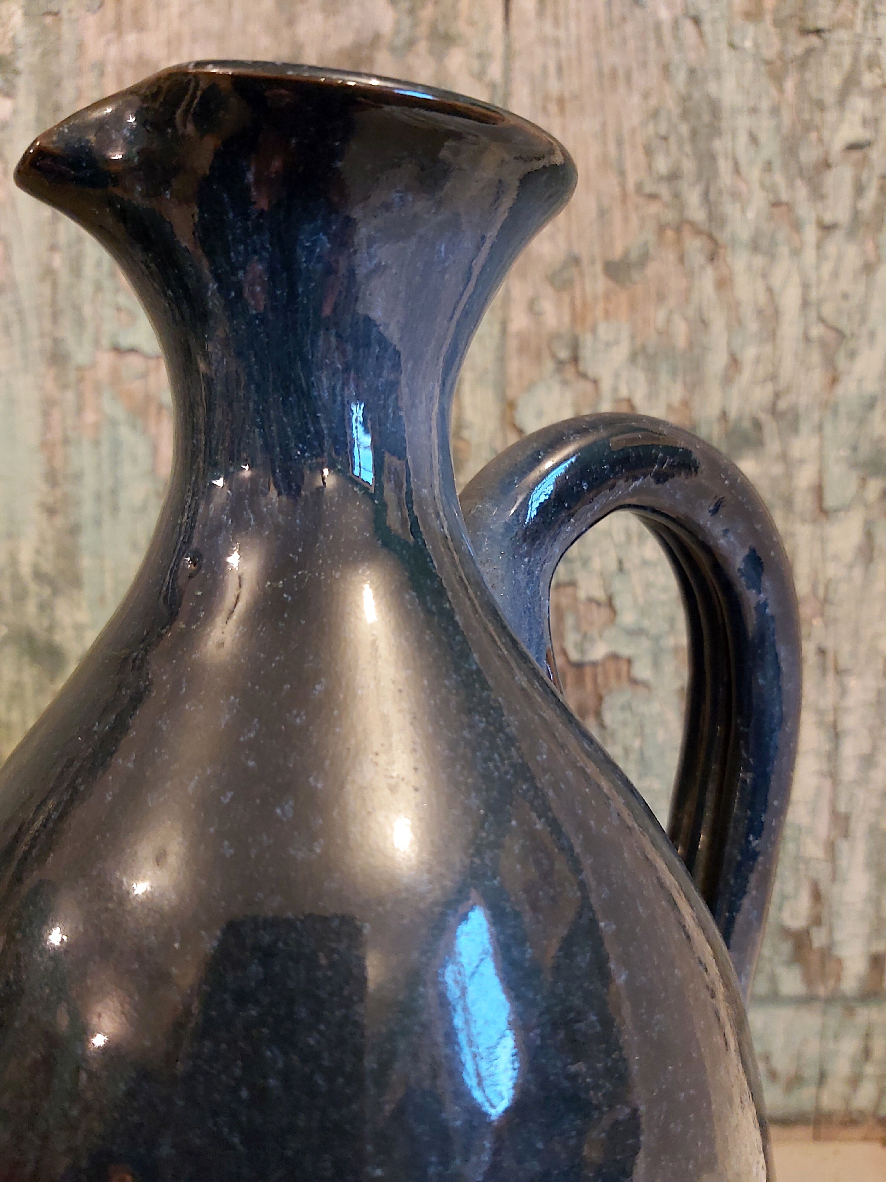 Vintage French clay carafe, glazed in different blues