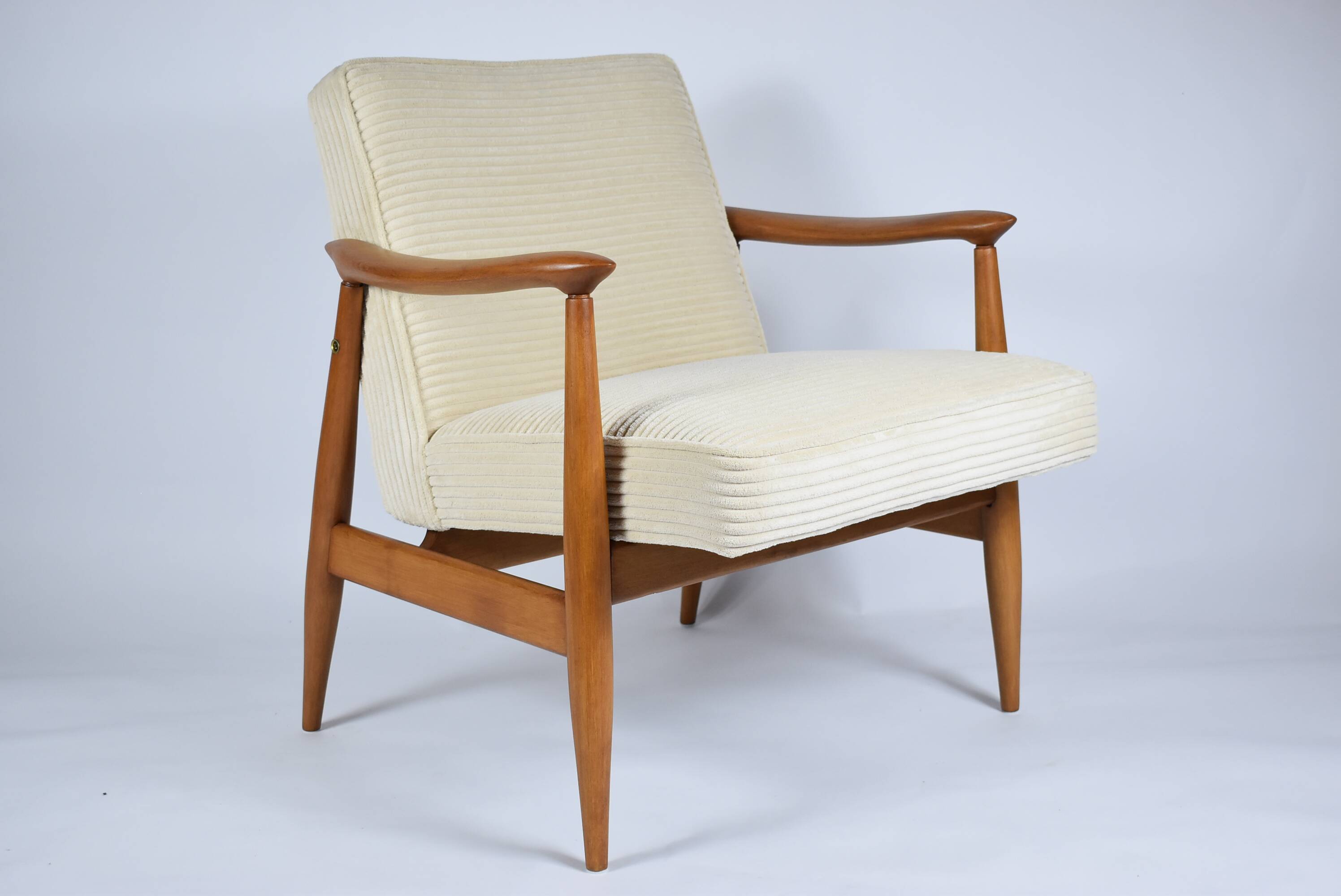Restored scandinavian armchair "Kedzior", 1960s, cream Cord, teak