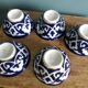 5 Uzbekistan porcelain tea bowls or cups, cobalt and gold decor