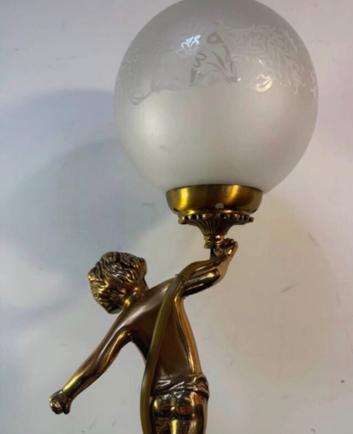 Antique lamp, gilded bronze, cherub, engraved glass globe, Mathieu lighting.