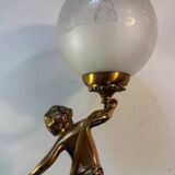 Antique lamp, gilded bronze, cherub, engraved glass globe, Mathieu lighting.