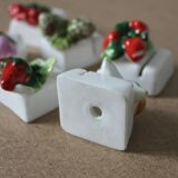 6 porcelain name tags in vintage fruit and vegetable slip