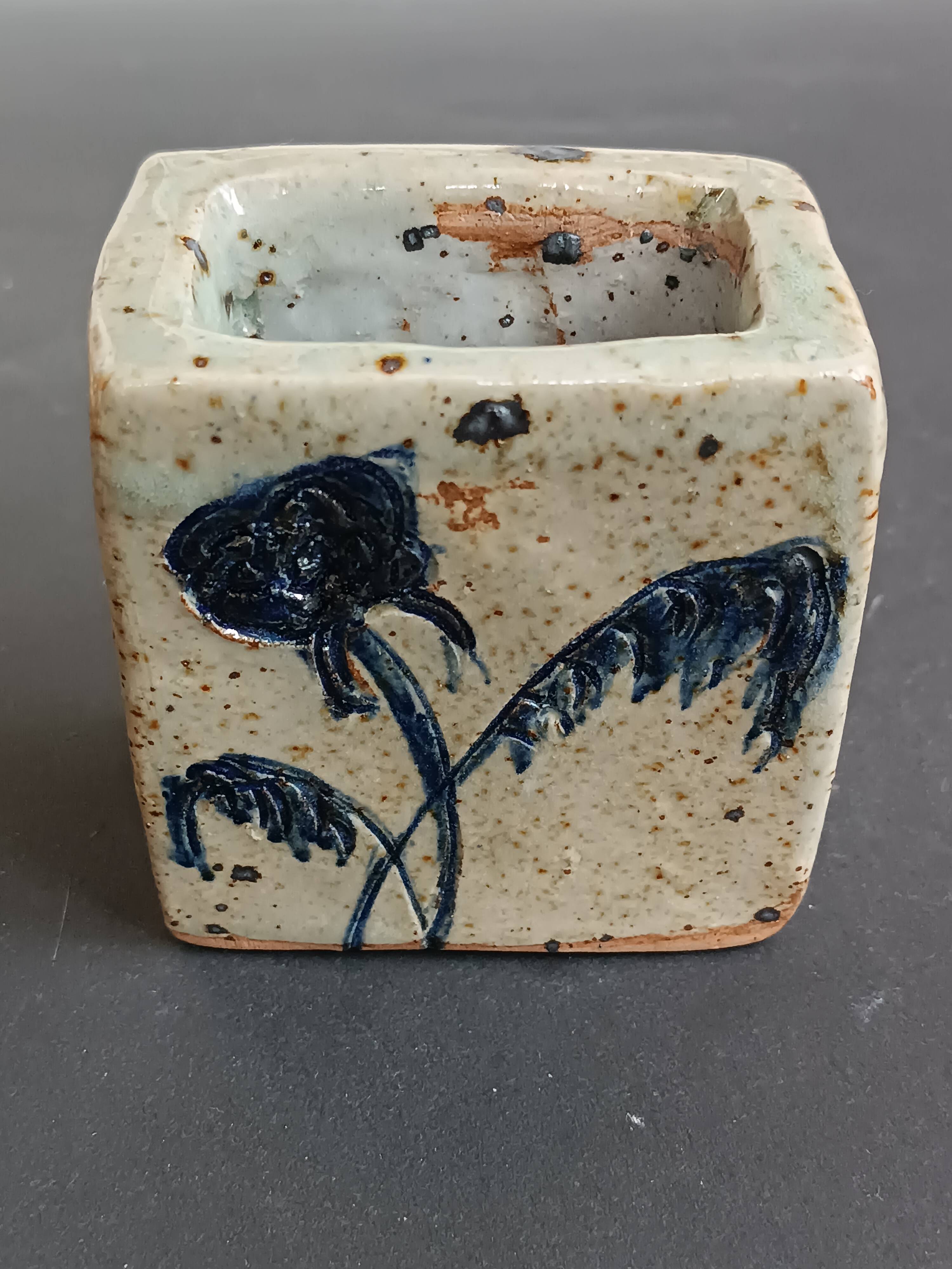 Pyrite stone vase with blue thistle decoration by Suzanne Dauliach, vintage.