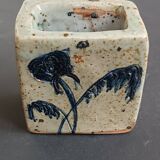 Pyrite stone vase with blue thistle decoration by Suzanne Dauliach, vintage.