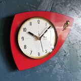 Vintage formica clock silent wall clock asymmetrical "Flash transistor red flower"