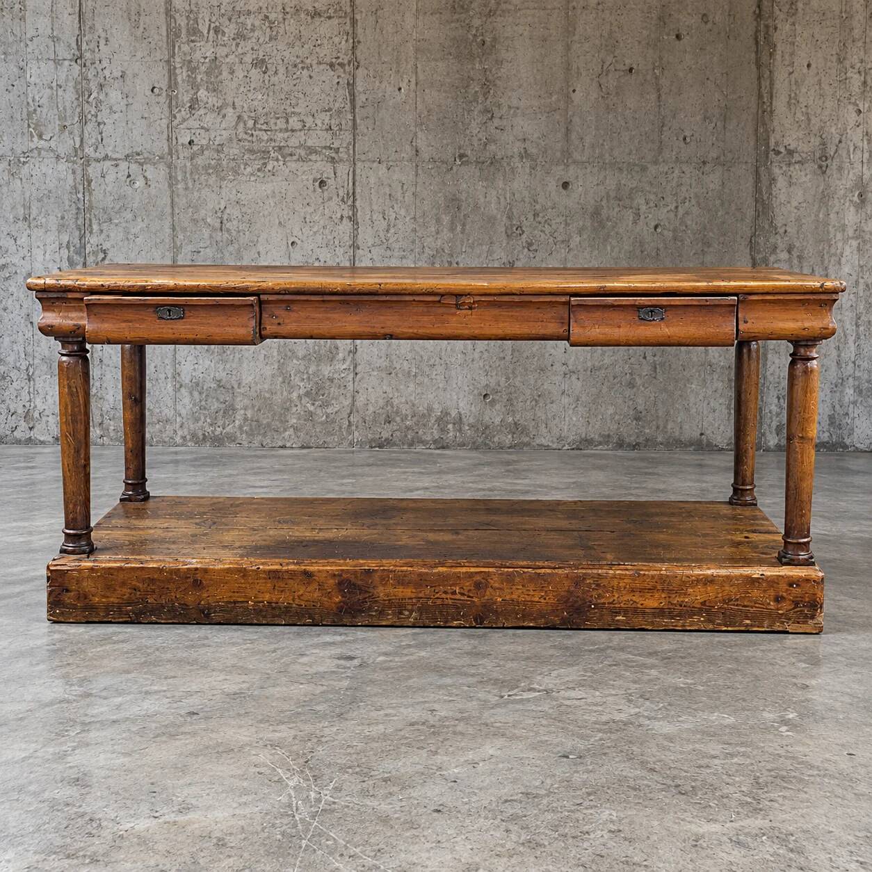 Antique French draper's table / 2 x drawers / Pinewood / 1900s