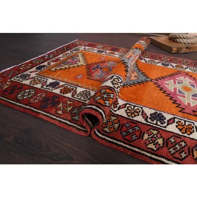 Vintage Turkish Oushak Handmade Wool Cotton Orange Runner 87x409