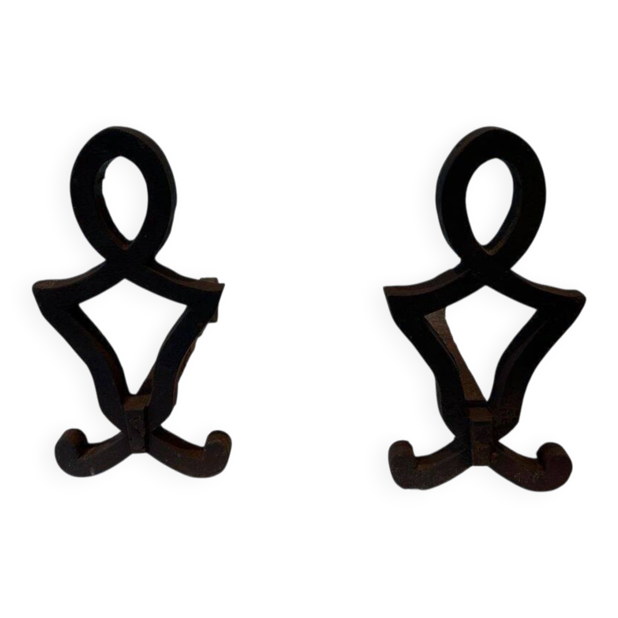 Pair of Modernist Andirons in Cast Iron with Stylised Figure Supports, by Ray