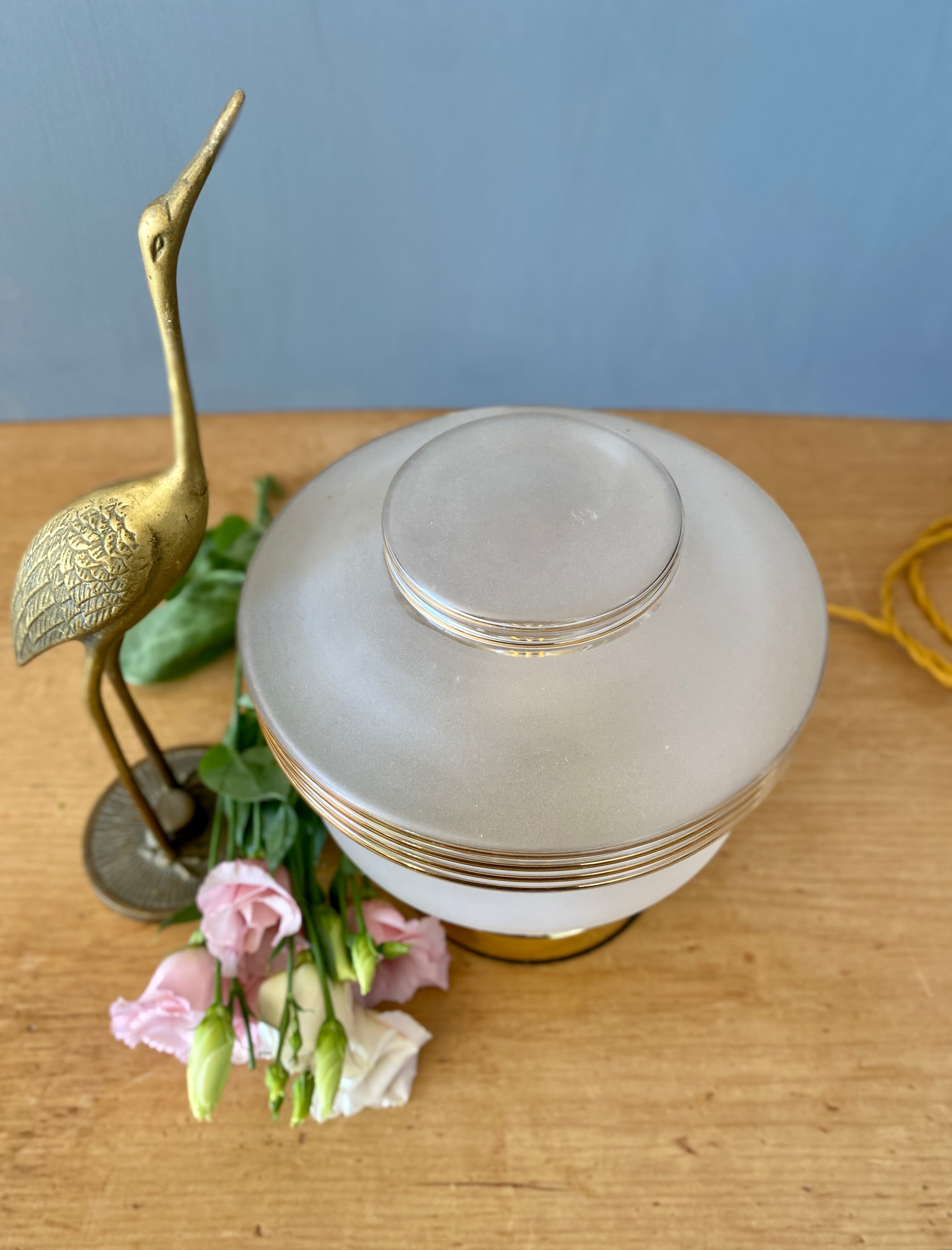 Table lamp vintage art deco globe in white frosted glass with golden edging