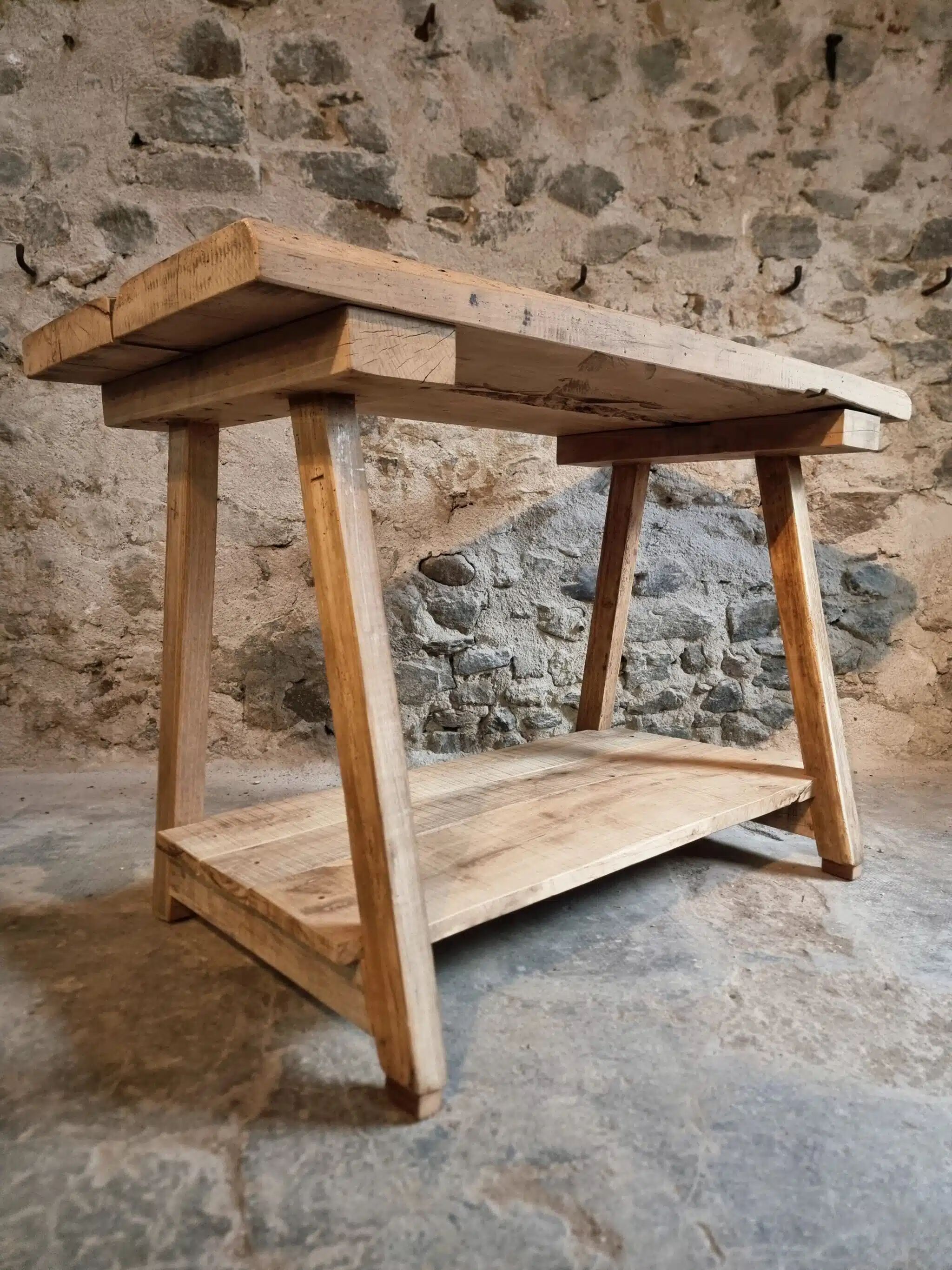 Old French work table / kitchen island / console, beech and chestnut, circa 1930–1950