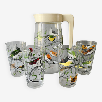 Carafe avec 4 verres décor oiseaux, BVB France, années 60