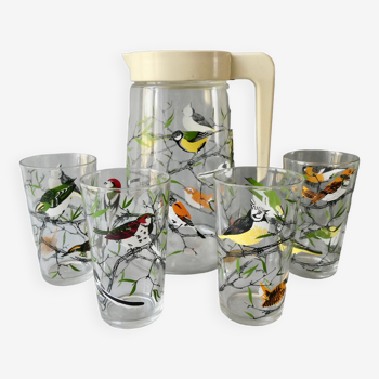 Carafe with 4 glasses bird decoration, BVB France, 60s