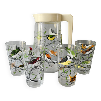 Carafe with 4 glasses bird decoration, BVB France, 60s