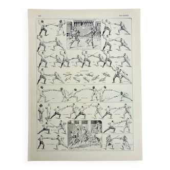 Gravure ancienne 1928, Escrime, technique, fleuret, épée, sport • Lithographie, Planche originale