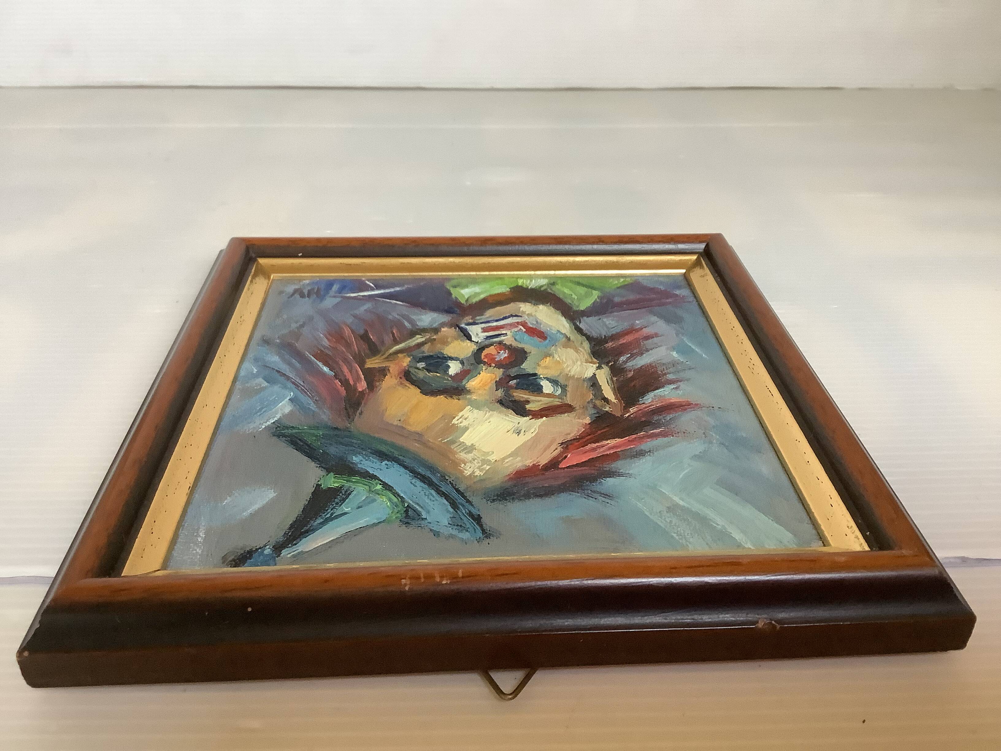 Small clown painting, oil on panel, signed