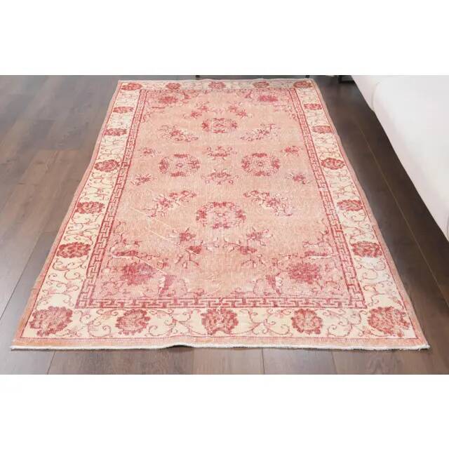 Vintage Turkish Oushak Handmade Wool Cotton Pink Area Rug 115x211