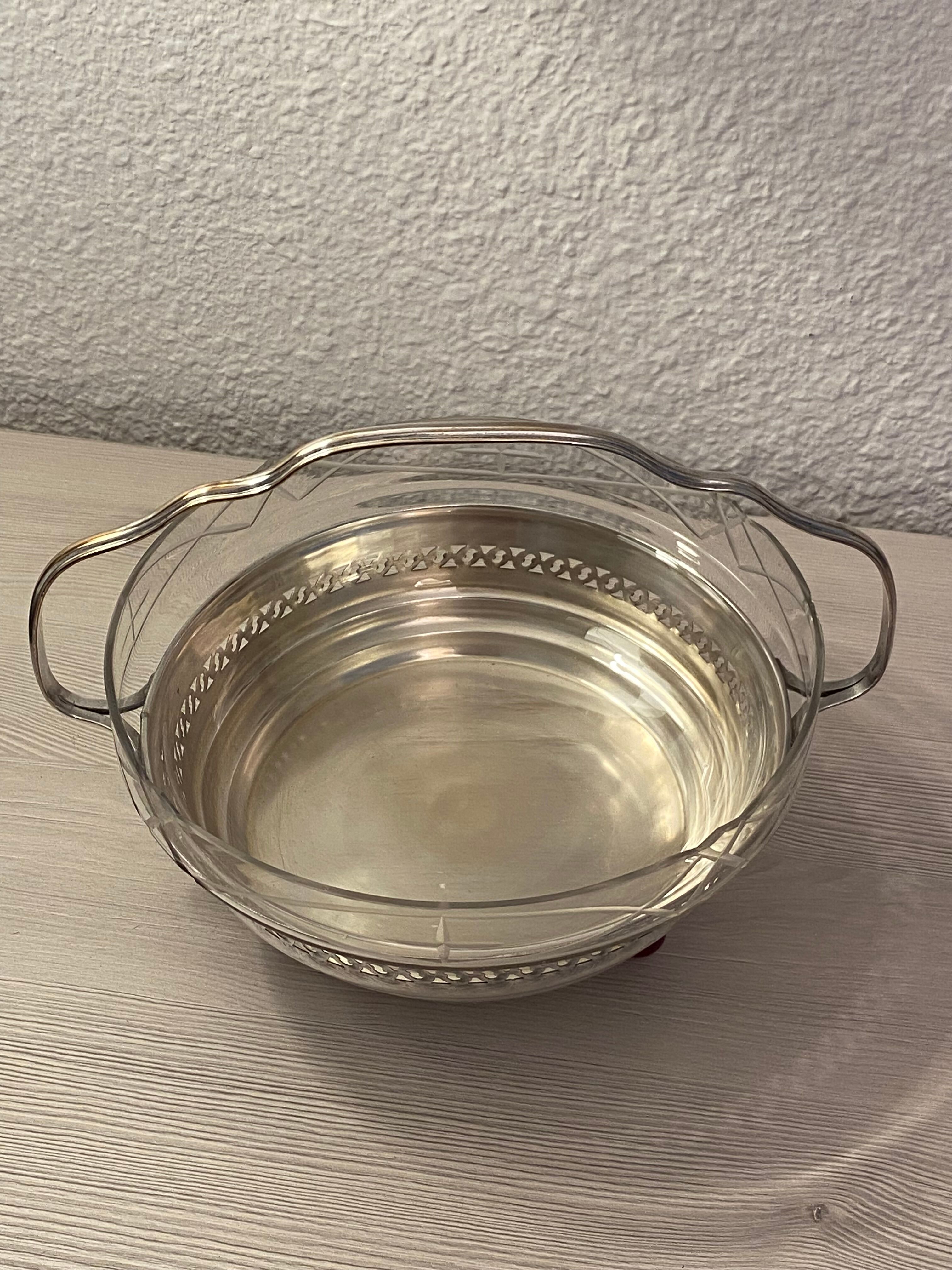 Art Deco fruit bowl in silver-plated metal and glass