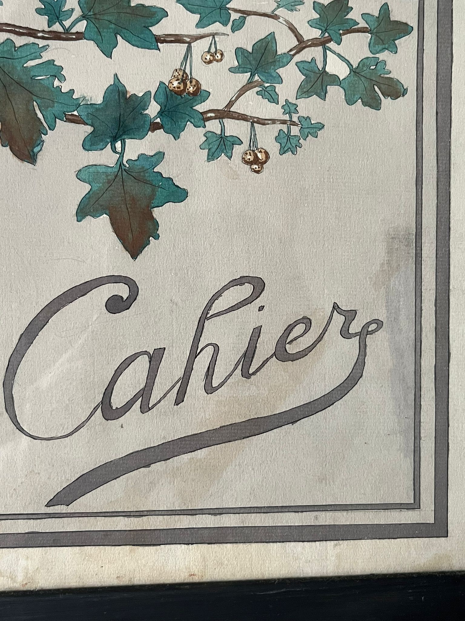 Watercolor decorated with leaves made by Renée Billette in 1912