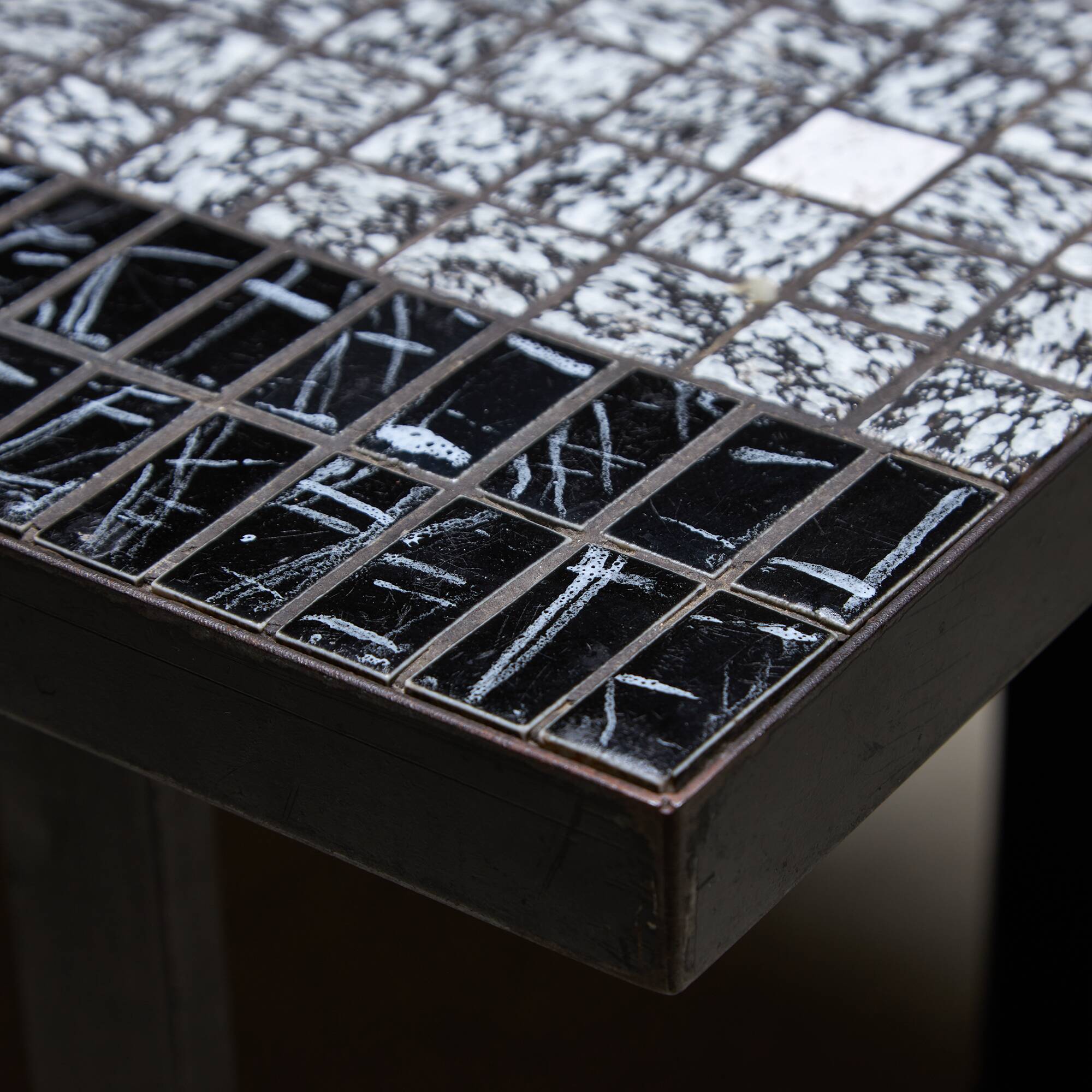 Italian Coffee Table on Flat Metal Frame with Black and White Mosaic Top, 1980s