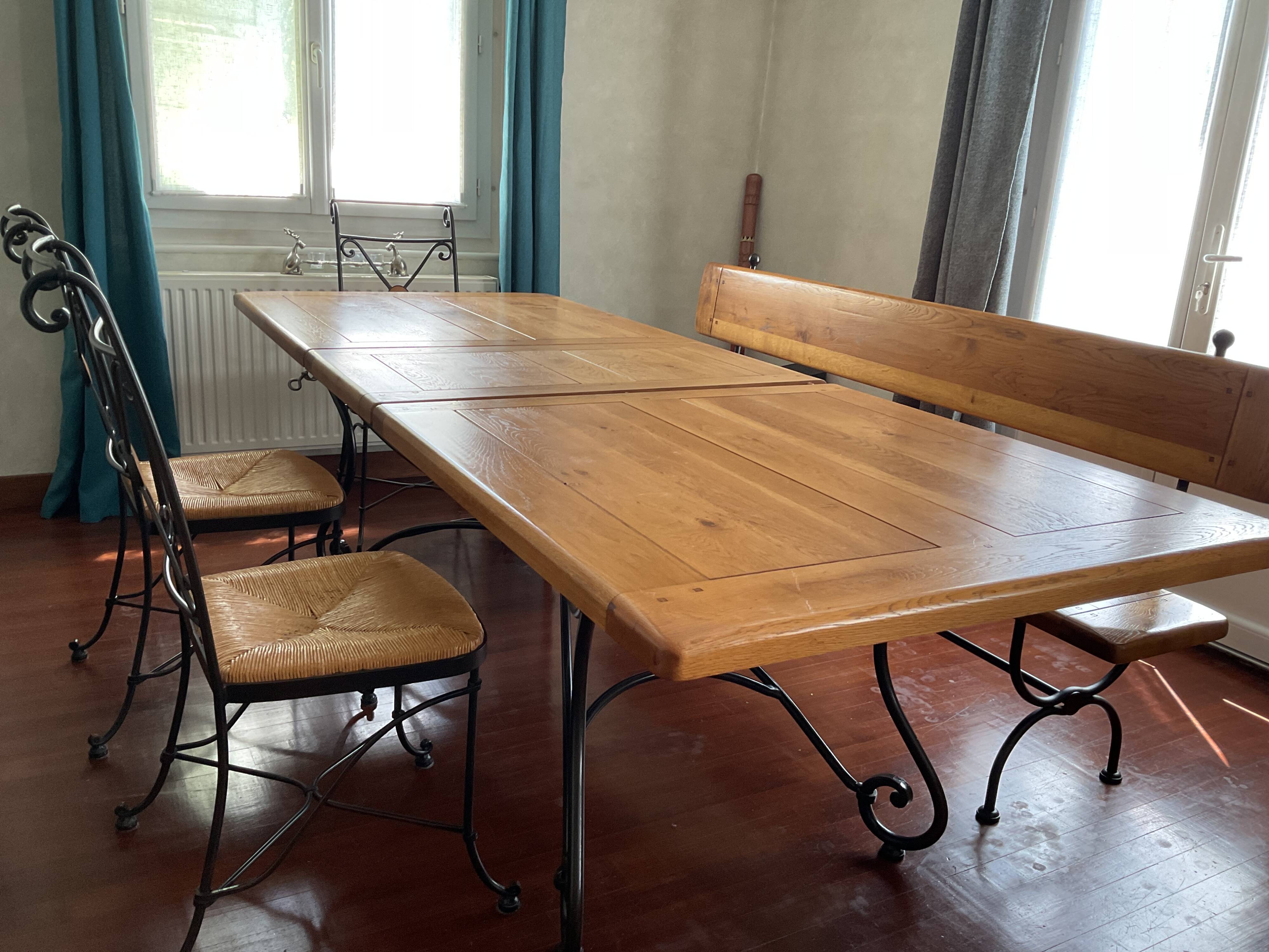 Dining set (two chairs, one armchair, one bench, and one table)