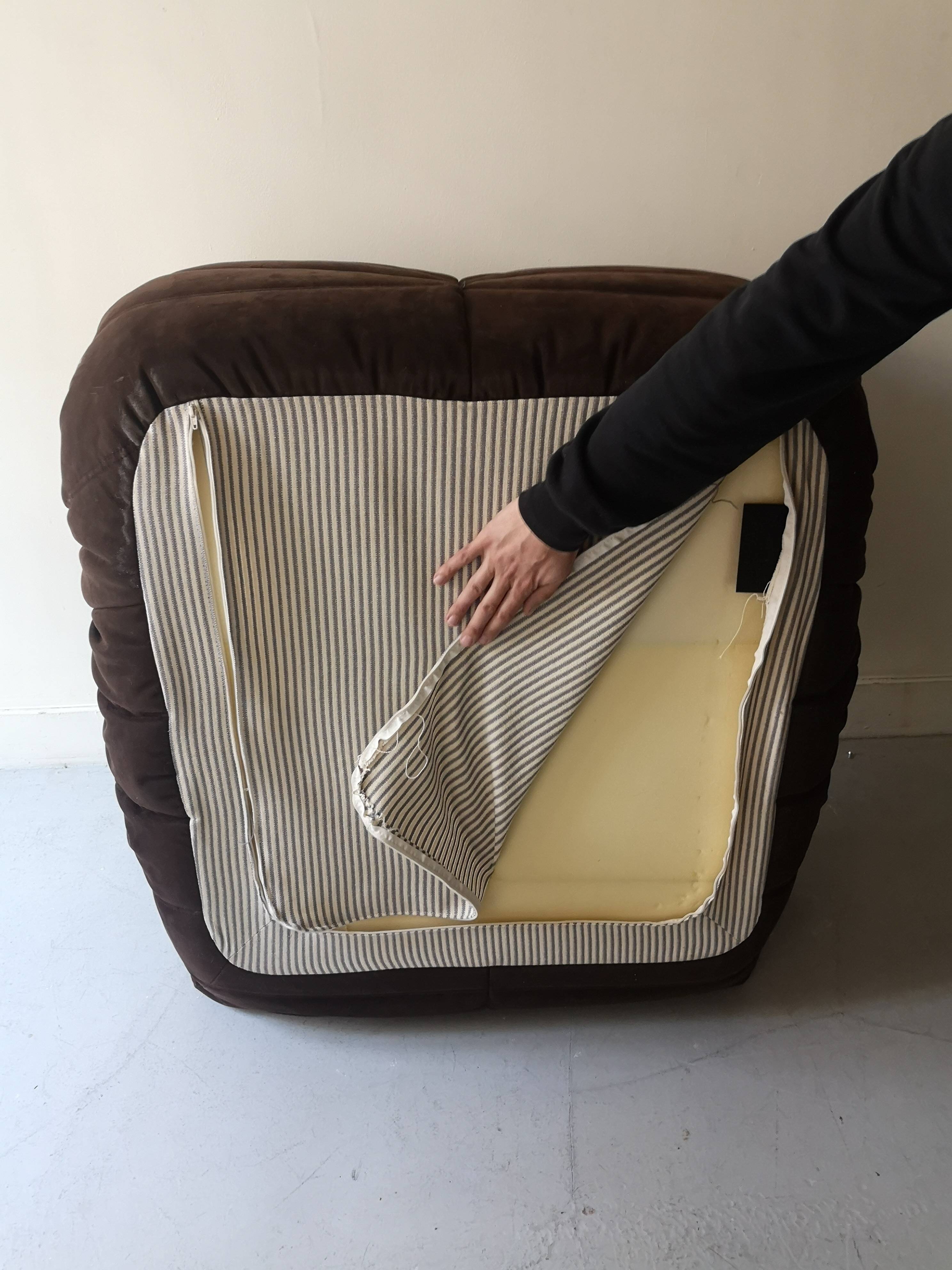 TOGO low chair in chocolate suede, Michel Ducaroy for Ligne Roset 1970