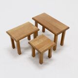 Set of 3 Brutalist Style Blonde Oak Nesting Tables 1960s