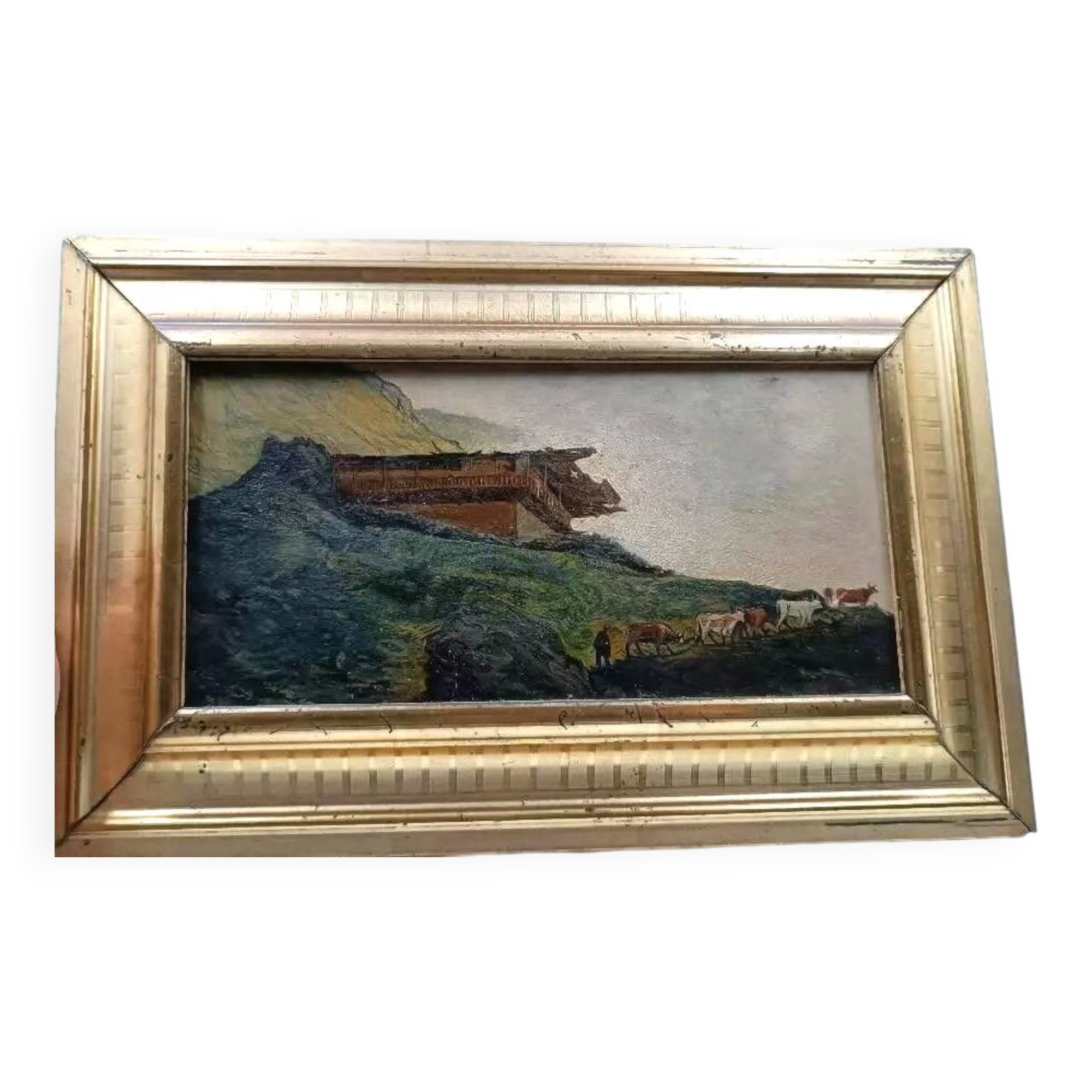 Old oil painting on cardboard mountain landscape late 19th century