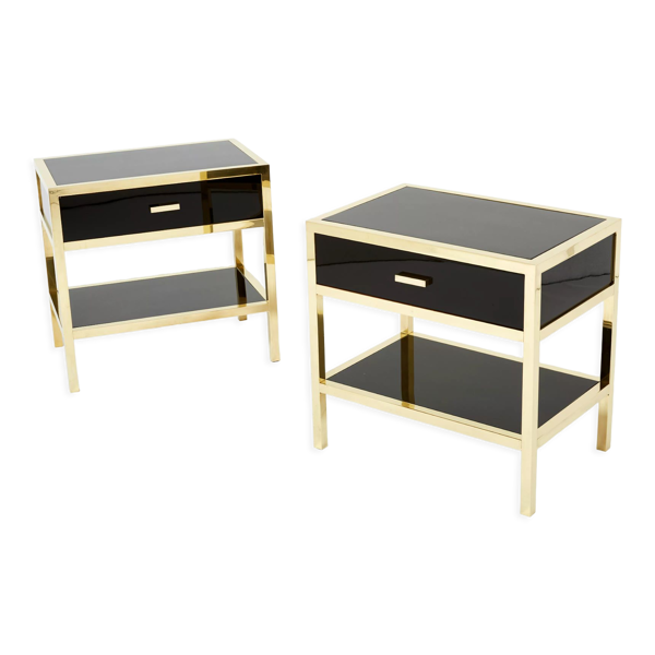 Paire de tables de chevet laquées laiton par Michel Pigneres 1970