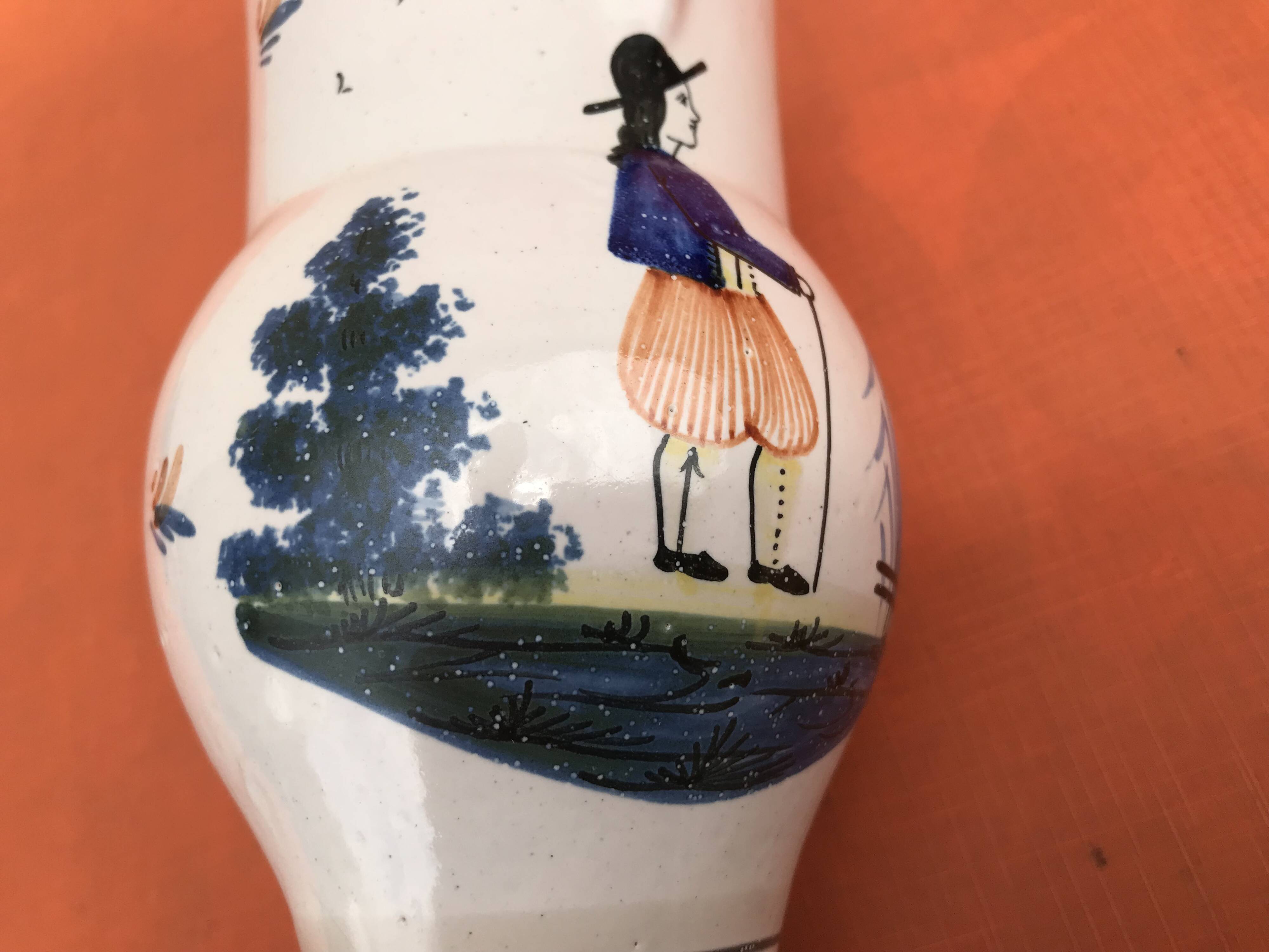 Old pitcher with Breton decoration, Quimper earthenware, HB Quimper