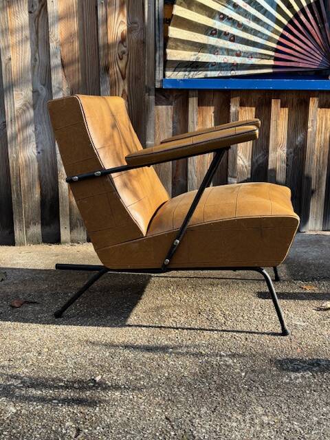 4 camel faux leather armchairs, 1950s