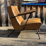 4 camel faux leather armchairs, 1950s
