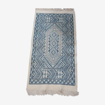 Tapis kilim blanc et bleu fait main en pure laine 145x75cm