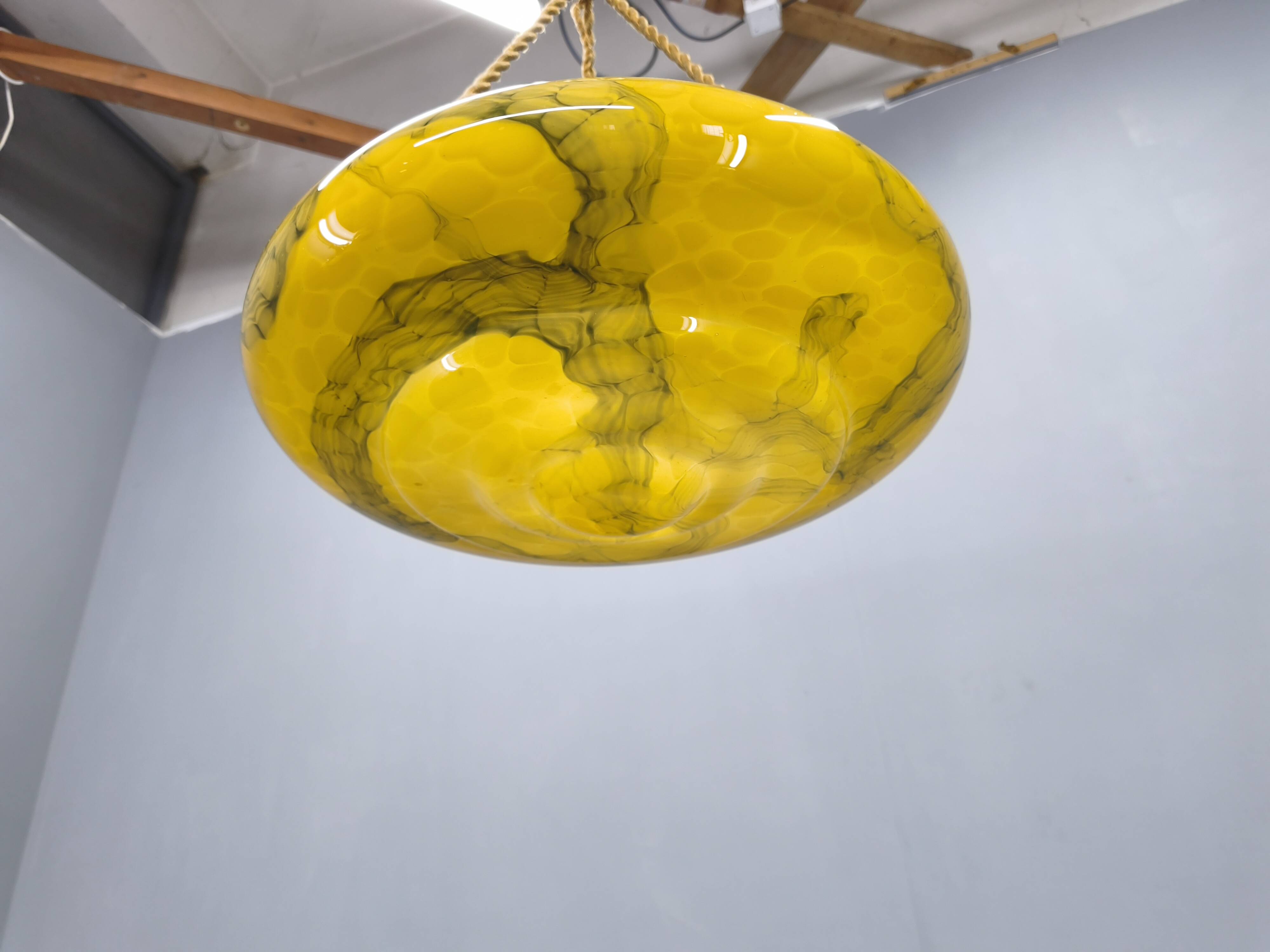 Art Deco Pendant Light, Marbled Glass and Brass, 1930s