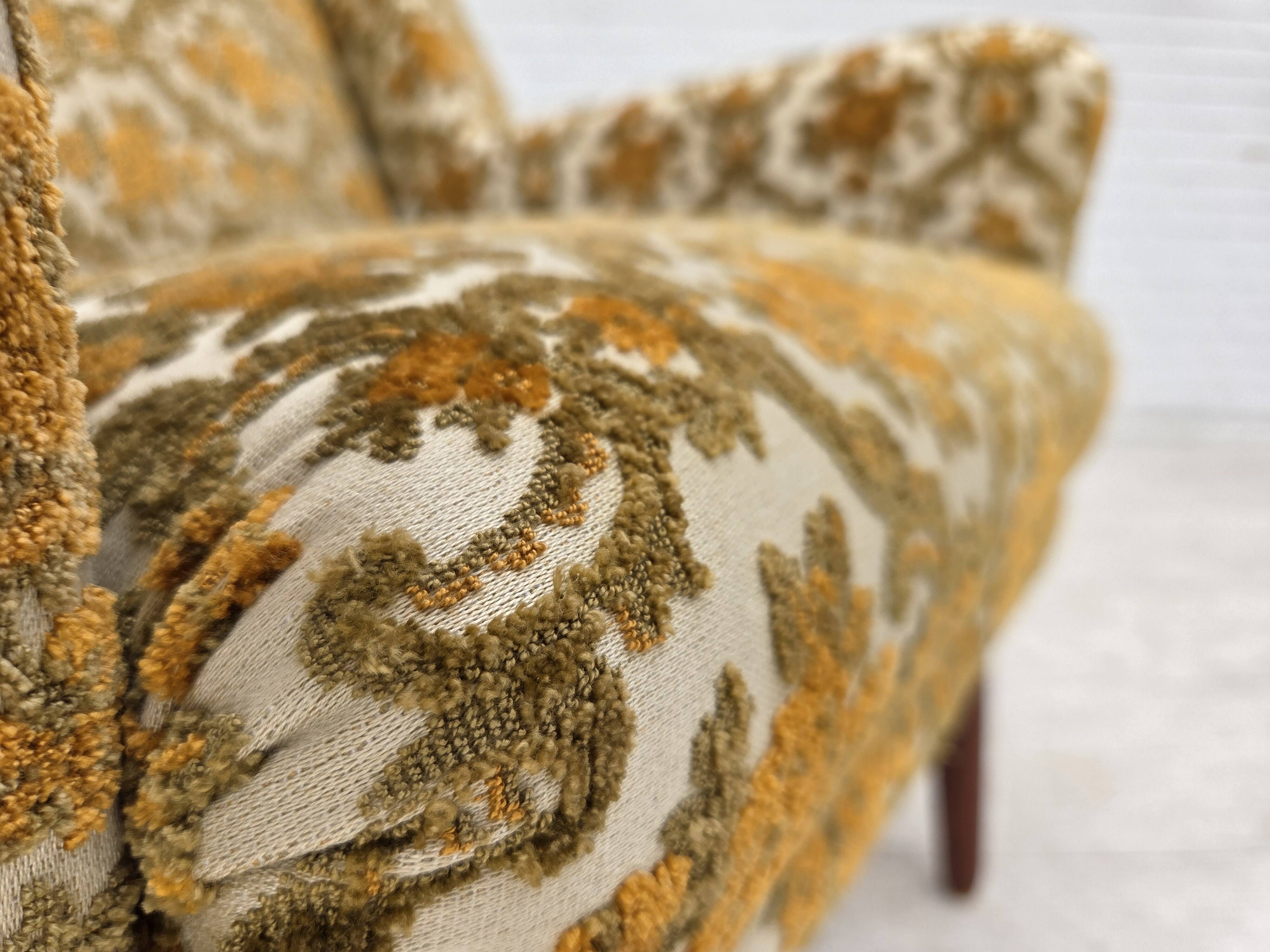 1970s, Danish highback armchair, Brown/beige furniture fabric, teak wood.