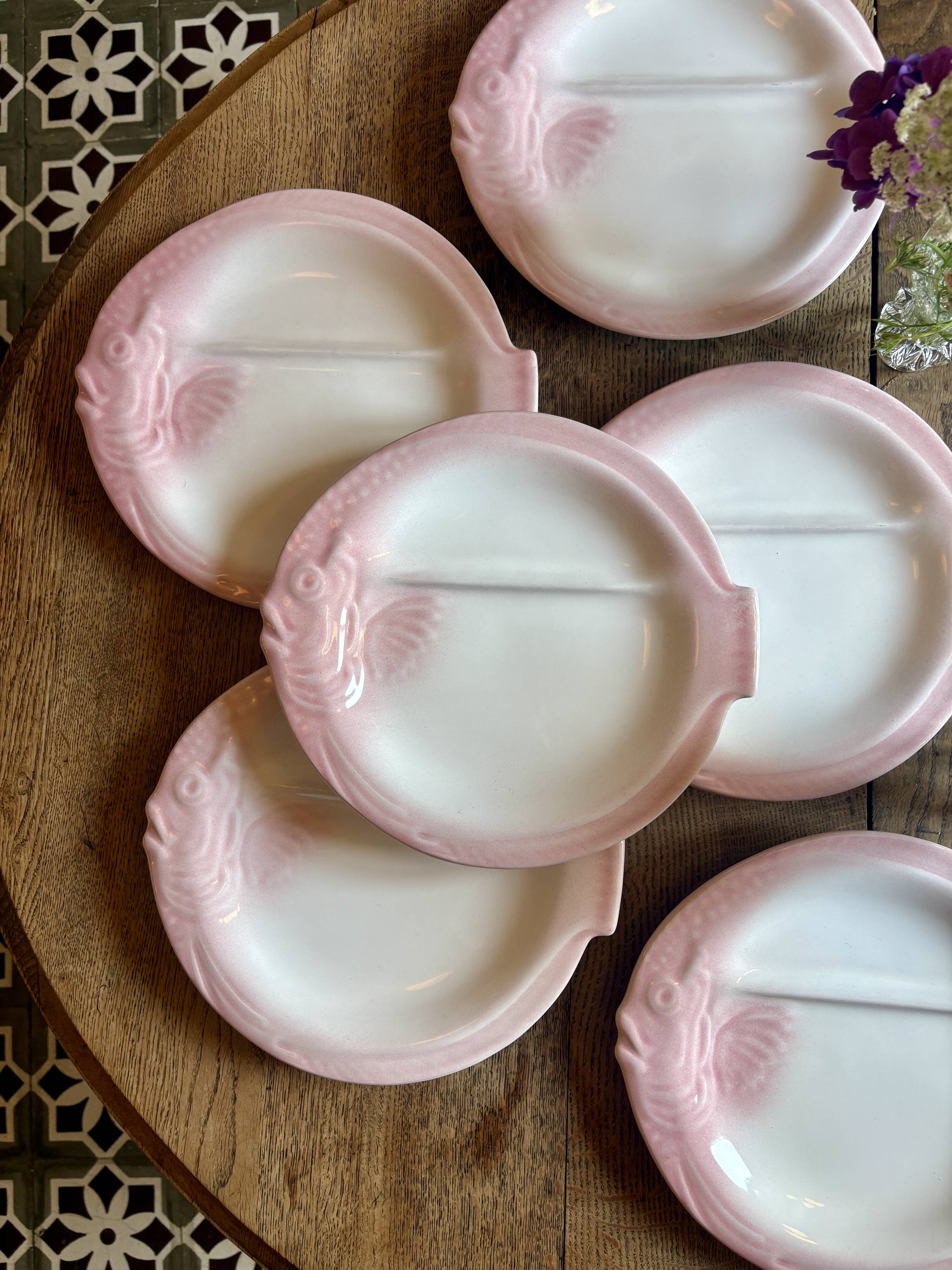 Set of 6 vintage plates in the shape of pink and gray fish - Nidervillier