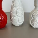 Set of 4 Red-White Fat Lava Op Art Pottery Vases by Bay Ceramics, Germany