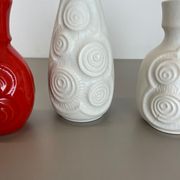 Set of 4 Red-White Fat Lava Op Art Pottery Vases by Bay Ceramics, Germany