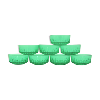 8 tempered glass dessert cups - emerald green colours - Arcoroc France - vintage 60s