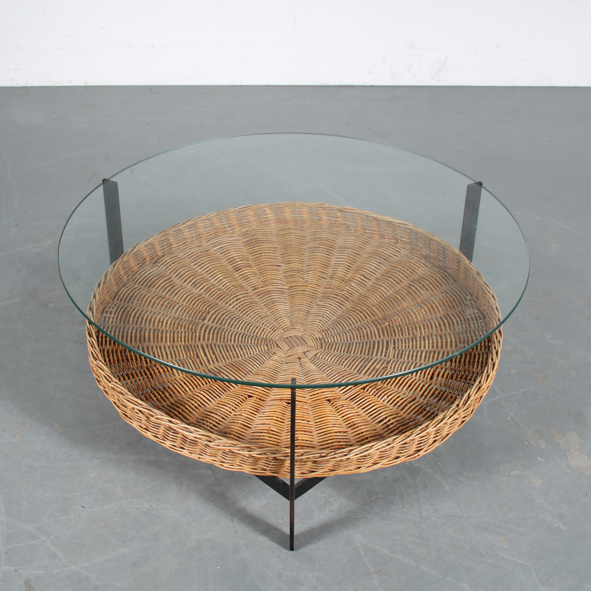 1960s Round coffee table with wicker from the Netherlands