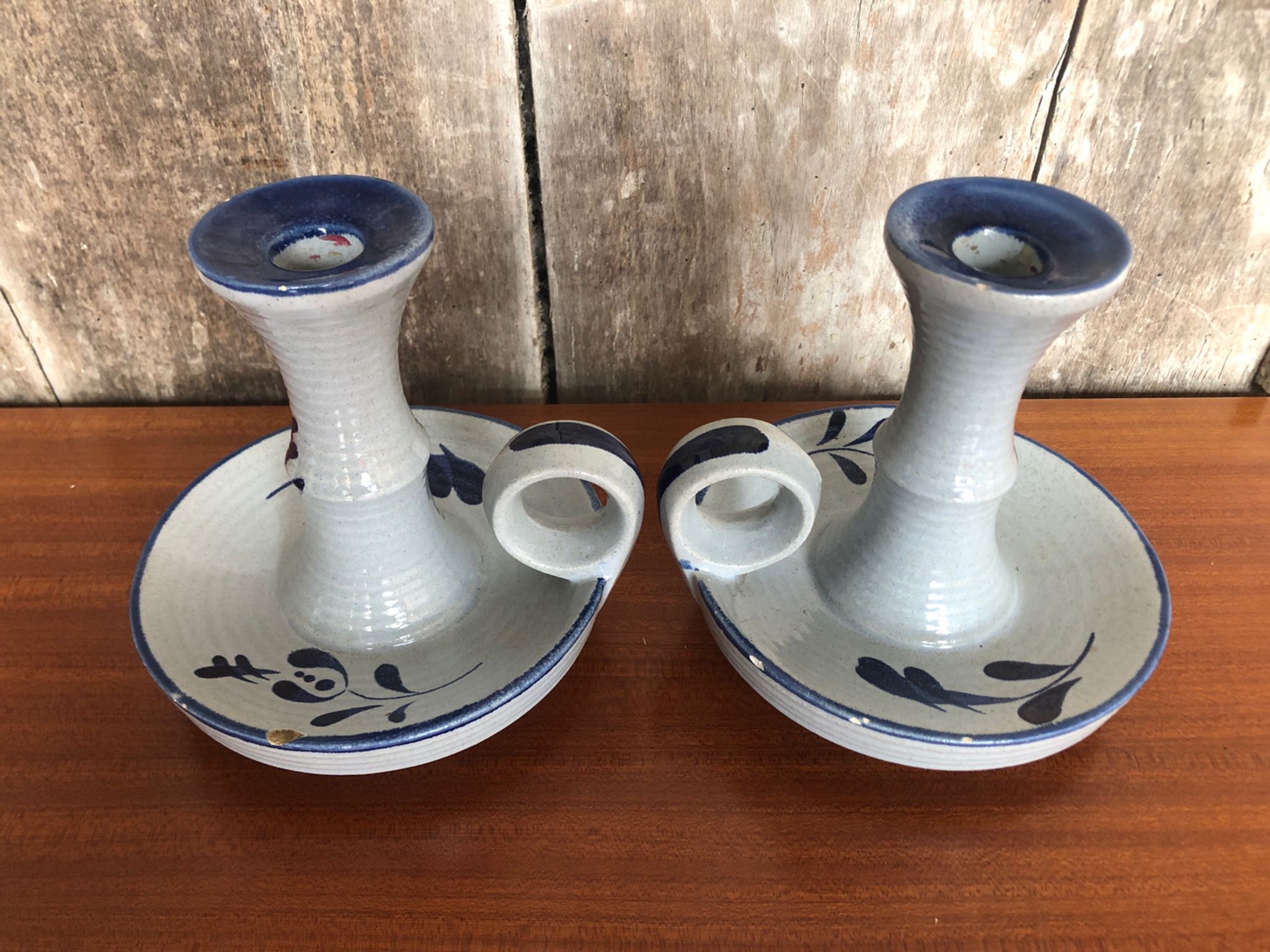 Old pair of hand candlesticks st clément céramique bleue france #a266