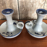 Old pair of hand candlesticks st clément céramique bleue france #a266