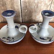 Old pair of hand candlesticks st clément céramique bleue france #a266