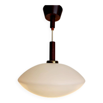 Lampe à suspension vintage en glaçure opaline, Scandinavische stijl, teck, jaren 60