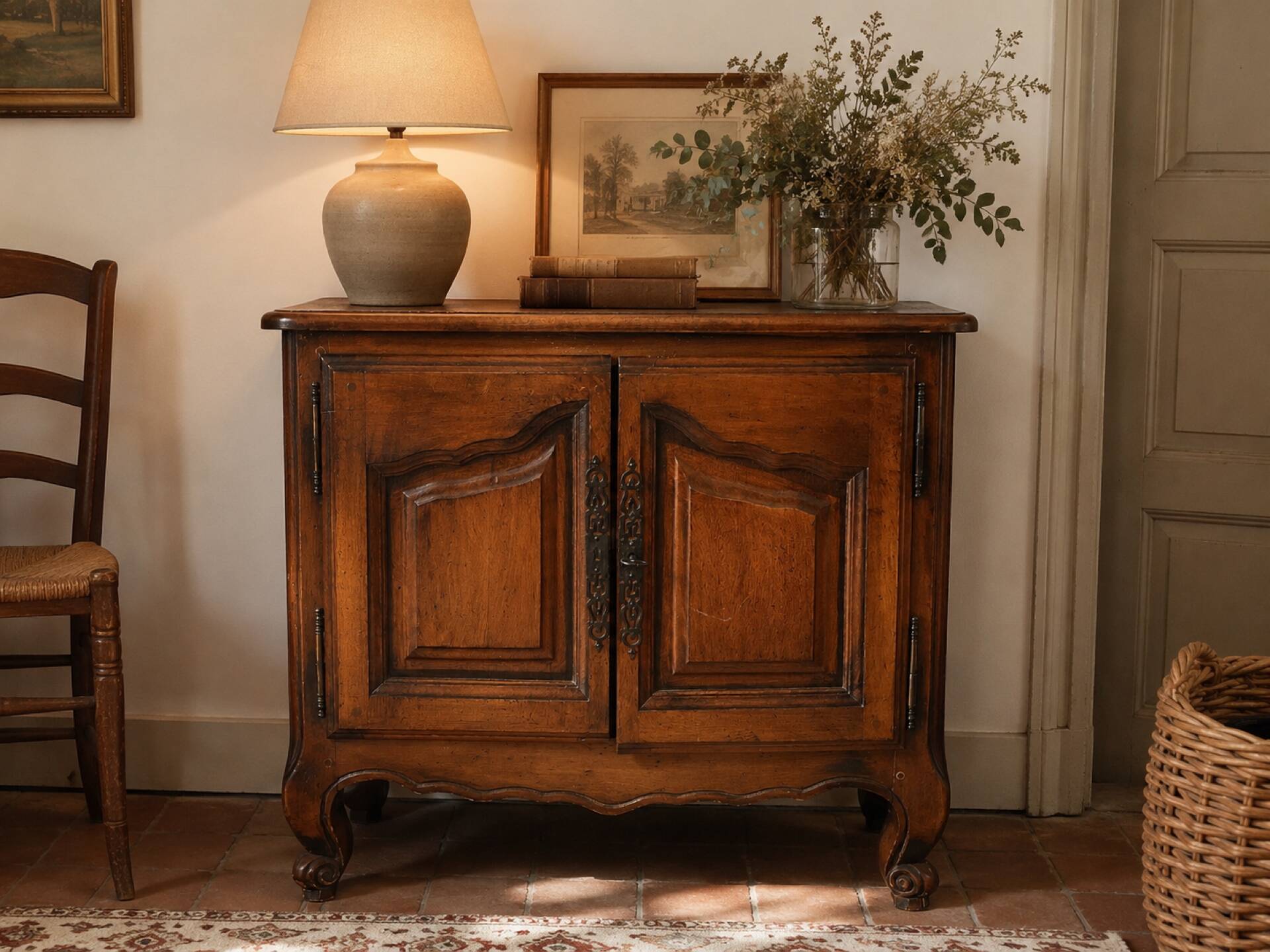 Old low cabinet with 2 wooden doors