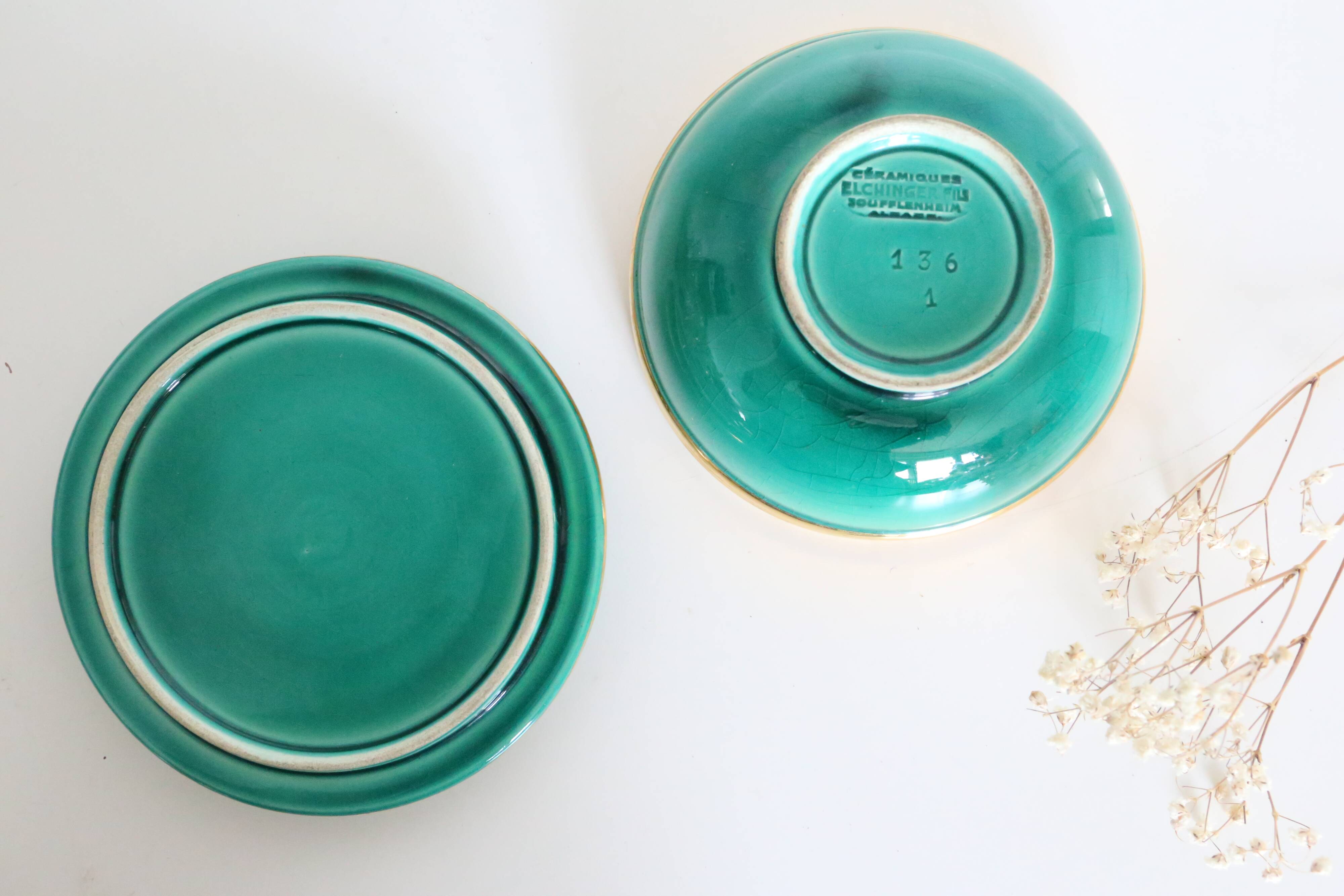 Ceramic jewelry box, green, Elchinger, 1970, vintage French