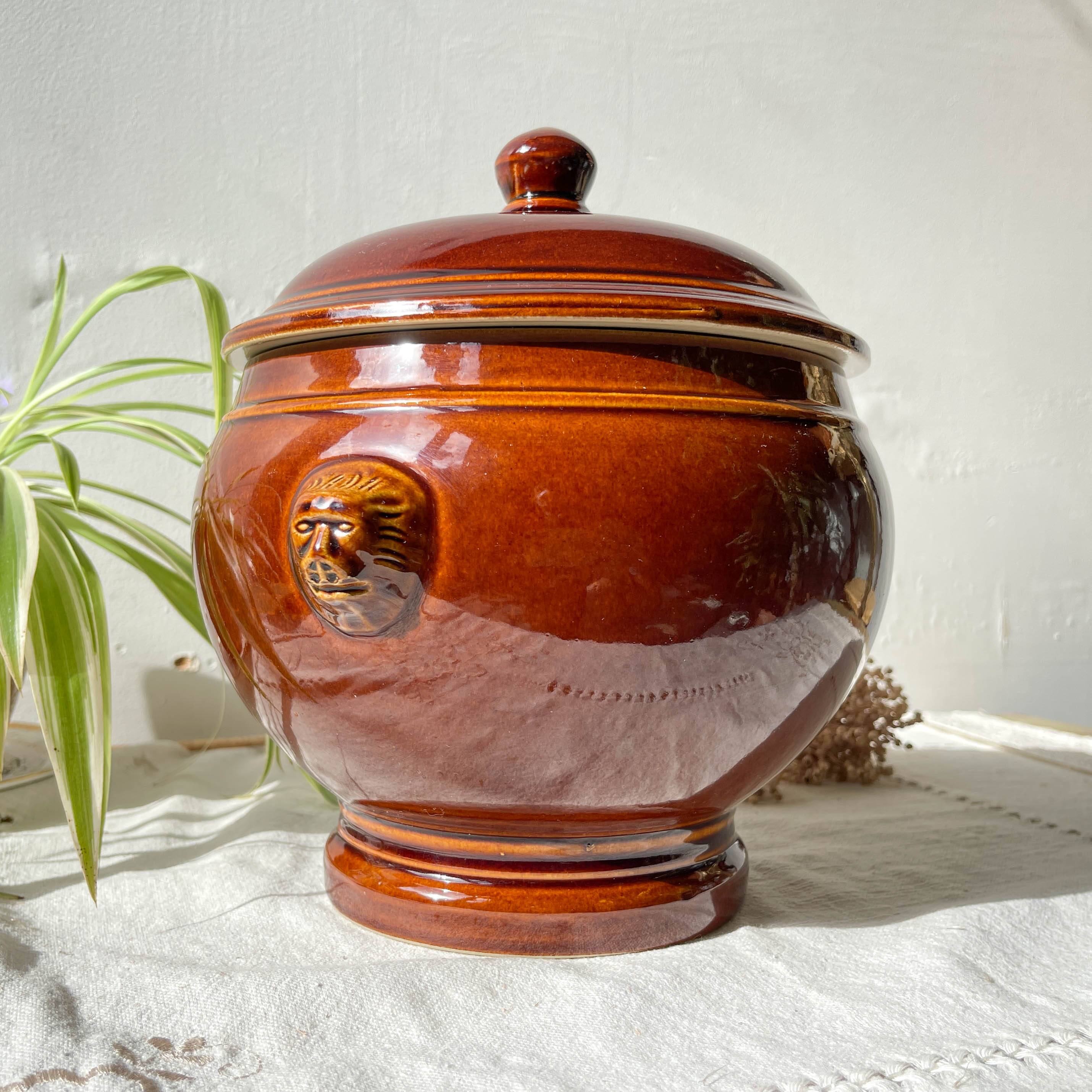 Vintage brown glazed stoneware onion soup tureen