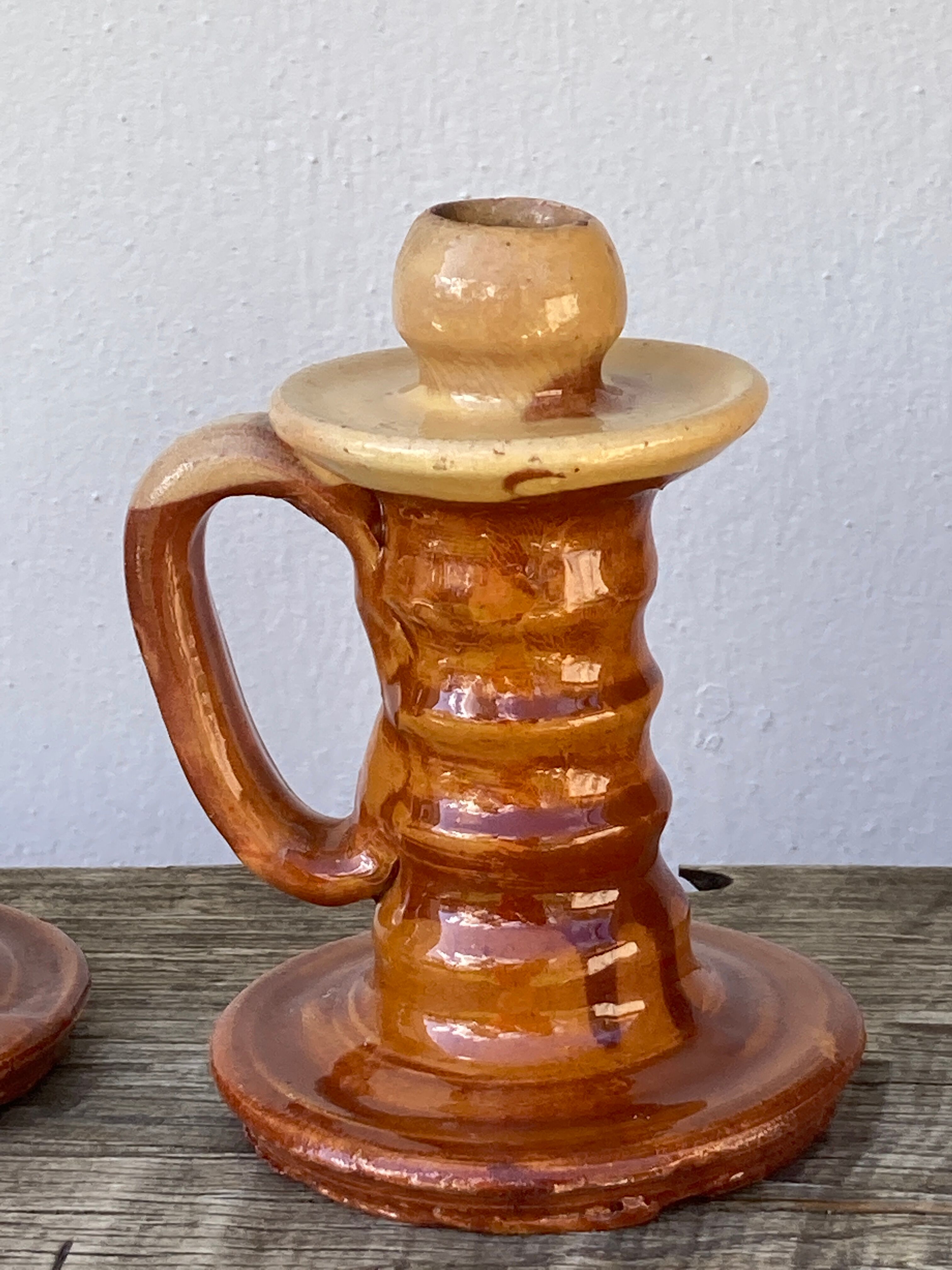 Pair of candle holder Tamegroute old terracotta enamelled brown and beige Moroccan berber