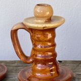 Pair of candle holder Tamegroute old terracotta enamelled brown and beige Moroccan berber